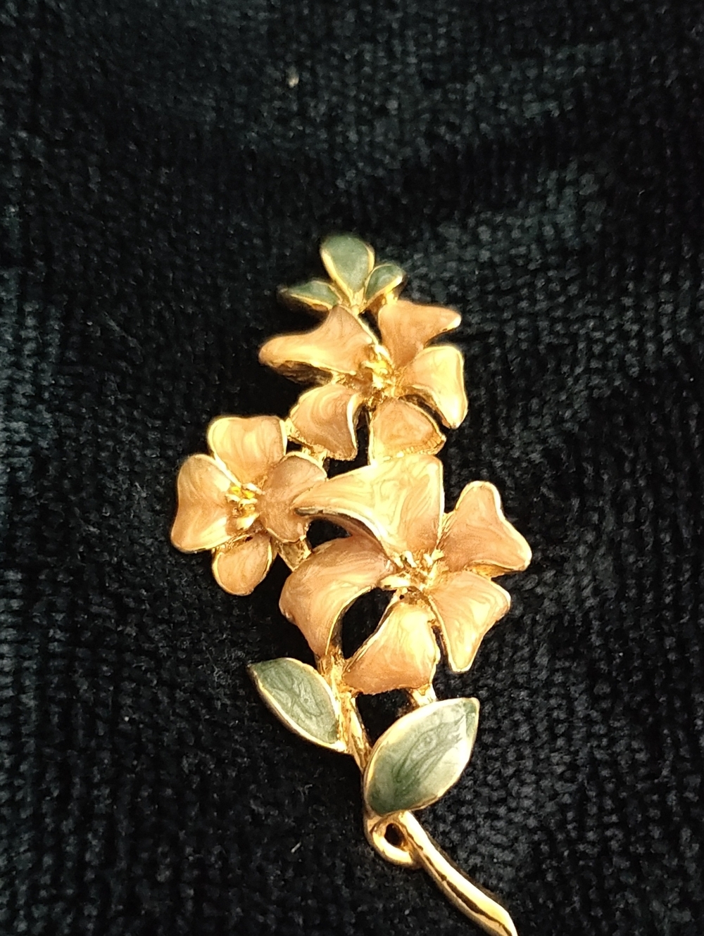 Gold-Tone Peach Floral Brooch with Green Leaves - Women Jewelry